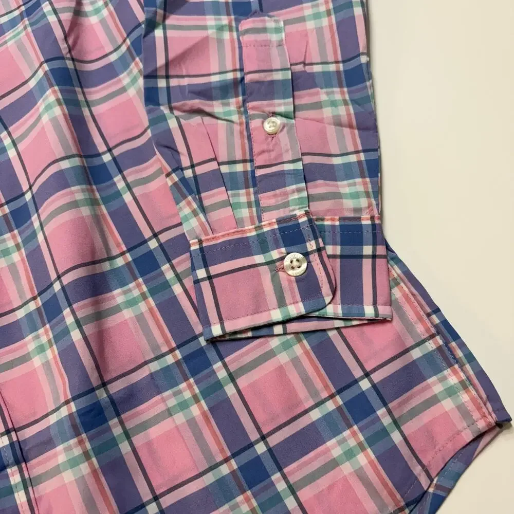 Vineyard Vines Shirt Boys Small 8-10 Pink Plaid Performance Whale Button Down